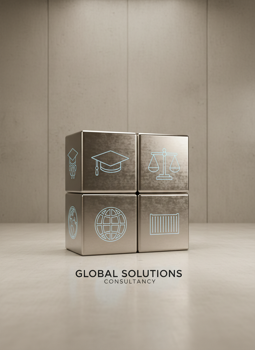 A minimalist arrangement of four interlocking metallic cubes, each engraved with fine symbols: an academic cap, a balanced scale, a stylized globe, and a cargo container. The cubes rest on a smooth concrete surface, set against a neutral-toned background with subtle texture reminiscent of modern architectural walls. Overhead, soft diffused studio lighting creates even, gentle shadows that accentuate the clean lines and crisp engraving details. The mood is structured, professional, and intellectually engaging, with a sense of interconnected expertise. Captured with a slightly elevated angle and precise framing, the image emphasizes organization and synergy. The style is clean, digital-art corporate, supporting a global solutions consultancy’s core offerings.