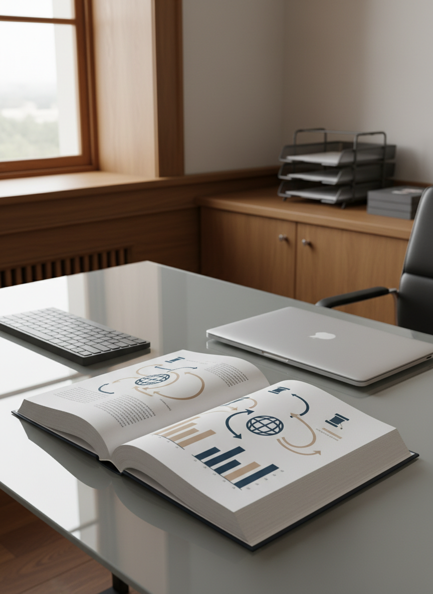 A digitally rendered, open book with immaculate white pages, each page displaying sleek infographics, legal icons, and flowing international trade arrows in muted navy and taupe shades. The book lies on a glass desk beside a neutral gray keyboard and a closed silver laptop, set in an uncluttered office space with rich oak accents and tidy organizational trays. Bright, even daylight from a nearby window highlights the page textures and soft curves, producing subtle shadows that add dimensionality. The atmosphere is focused, knowledgeable, and calm, conveying dedication to education and professional growth. Captured from a gentle side angle, the composition uses rule-of-thirds balance and sharp clarity throughout. The digital-art technique upholds the expert, corporate character of the group.