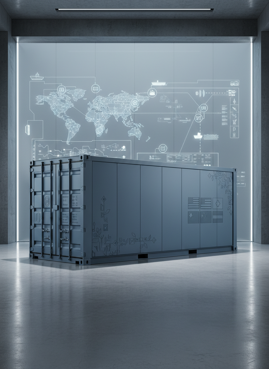 A precision-styled, digital export shipping container rendered in matte steel blue, embossed with international flags and minimalist botanical motifs. The container is positioned on a polished concrete platform, with schematic diagrams and subtle trade route maps projected onto a frosted glass wall in the background. Cool, indirect lighting washes over the scene, producing clean highlights and well-defined edges, while faint shadows give depth. The mood is dynamic yet reliable, promoting global logistics and supply chain excellence. Wide-angle composition and balanced framing provide a sense of scale, while the digital-art, structured aesthetic aligns with corporate professionalism and the group’s import-export function.